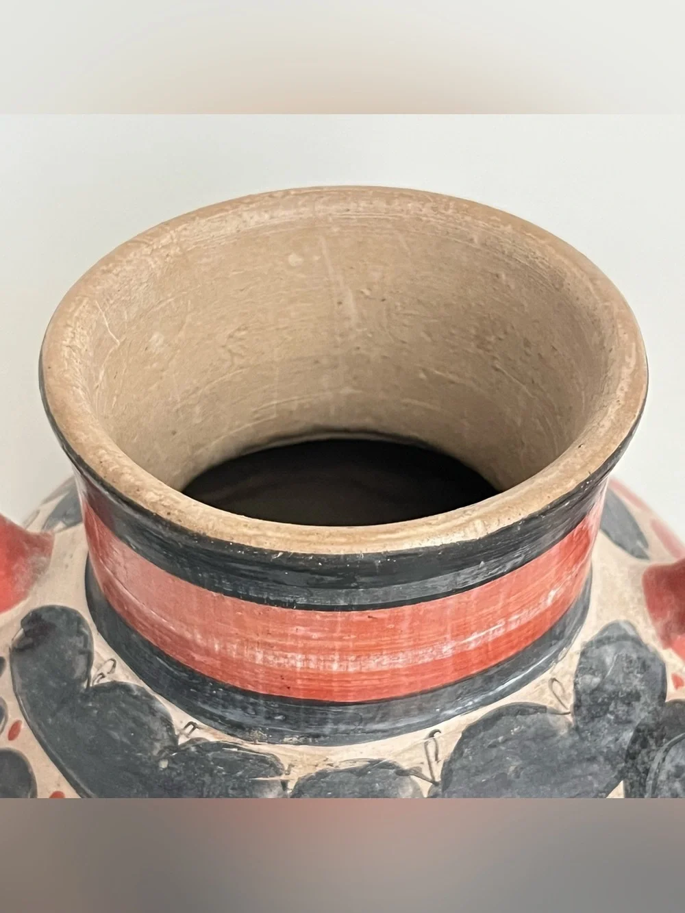 Vintage Mexican Tonala Hand Painted Pottery Vase w/Handles Floral Black Orange